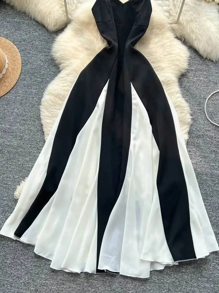 Abito da spiaggia vintage da donna a vita alta nero bianco a contrasto abiti lunghi eleganti da donna abiti lunghi Boho senza schienale slim