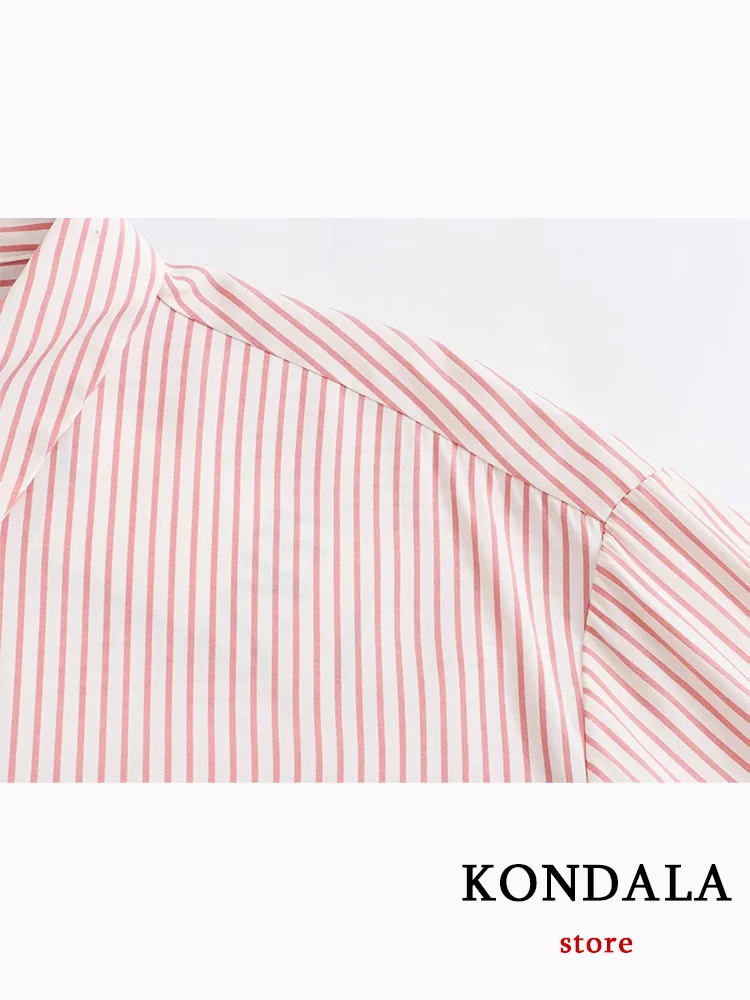 KONDALA-Camisas casuais listradas para mulheres, gola virada para baixo, peito único, blusa solta, tops femininos elegantes, moda, outono, 2023