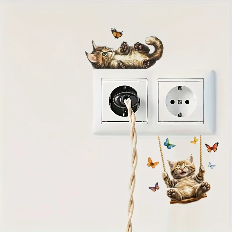 Cartoon Kitten Decal Self Adhesive PVC Removable Cute Cat Switch Sticker Wall Decor Living Room Bedroom Bathroom Cat Lover Gifts
