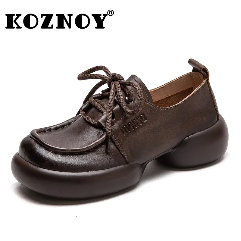 

Koznoy 4cm Vintage Natural Cow Genuine Leather Breathable Walking Native Flats Shoes Ethnic Round Toe Work Comfy Slipper Women