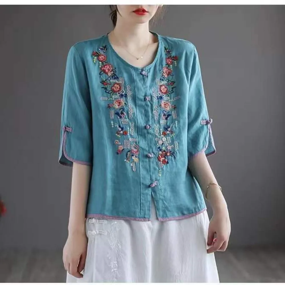 Women's New Cotton Linen Shirt, Vintage Retro Frog Button Floral Embroidery Loose V-Neck Tea Blouse Top
