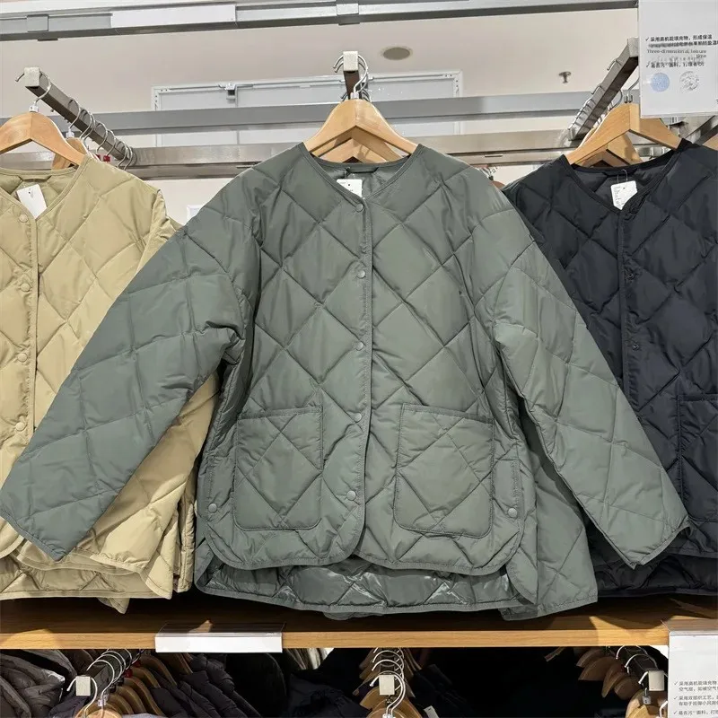 سترة نسائية فضفاضة غير رسمية من القطن الهوائي معطف برقبة دائرية نمط الماس للخريف والشتاء ملابس خارجية نسائية مريحة عصرية