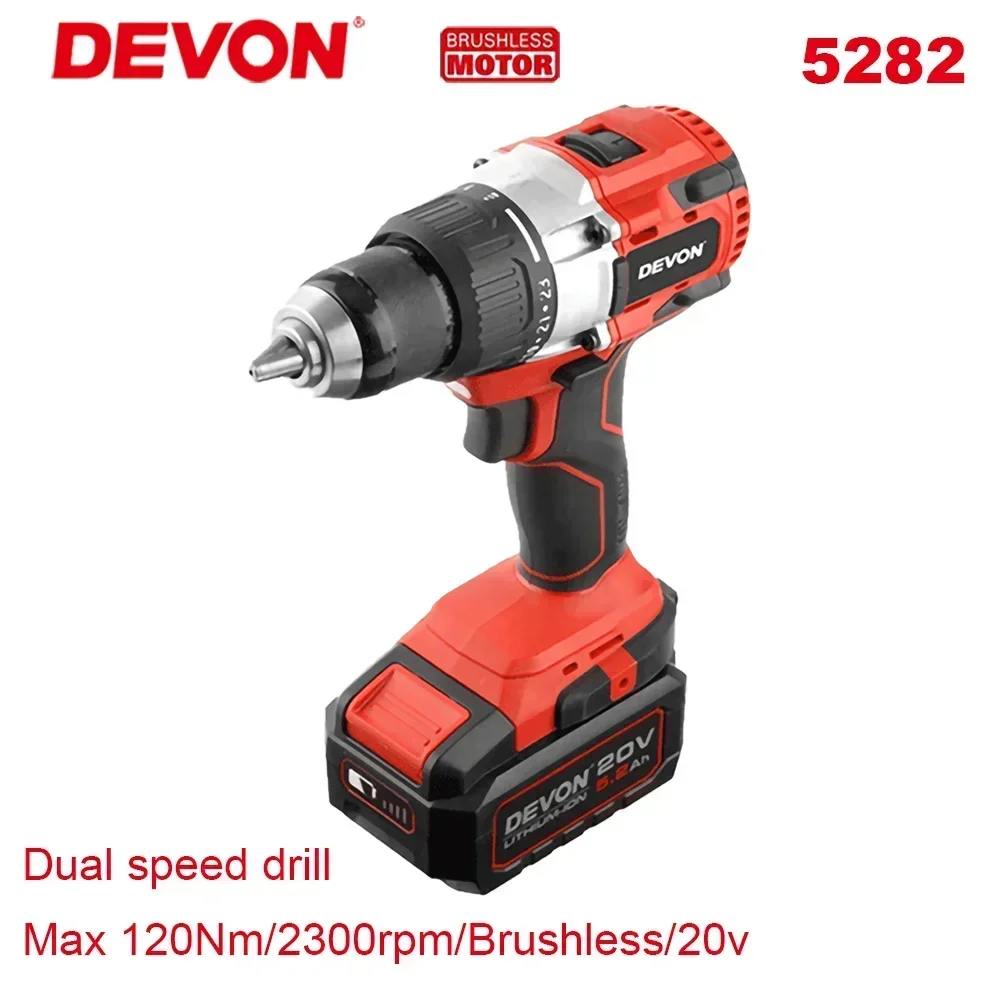 

DEVON Heavy Duty 5282 Cordless Electric Drill 20v Brushless Max 120Nm 2300rpm 2 Speed Adjustable Universal Flex Battery Platform