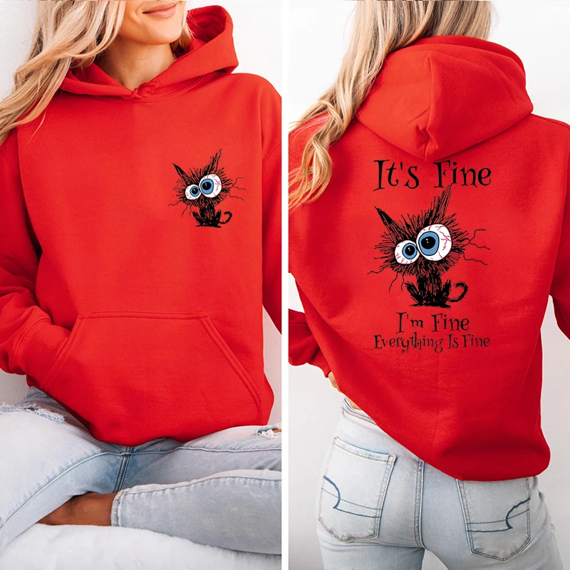 Damska bluza z kapturem Harajuku, polarowa bluza rozpinana, nadruk \"Everything Is Fine\", czarny kot, rozpinana bluza codzienna, odzież uliczna Y2k