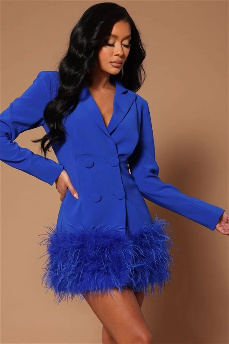 Ostrich Feather Women Suits Prom Dress Formal Royal Blue Sexy V Neck Blazer Jacket Tailored Fashion Party Женский костюм