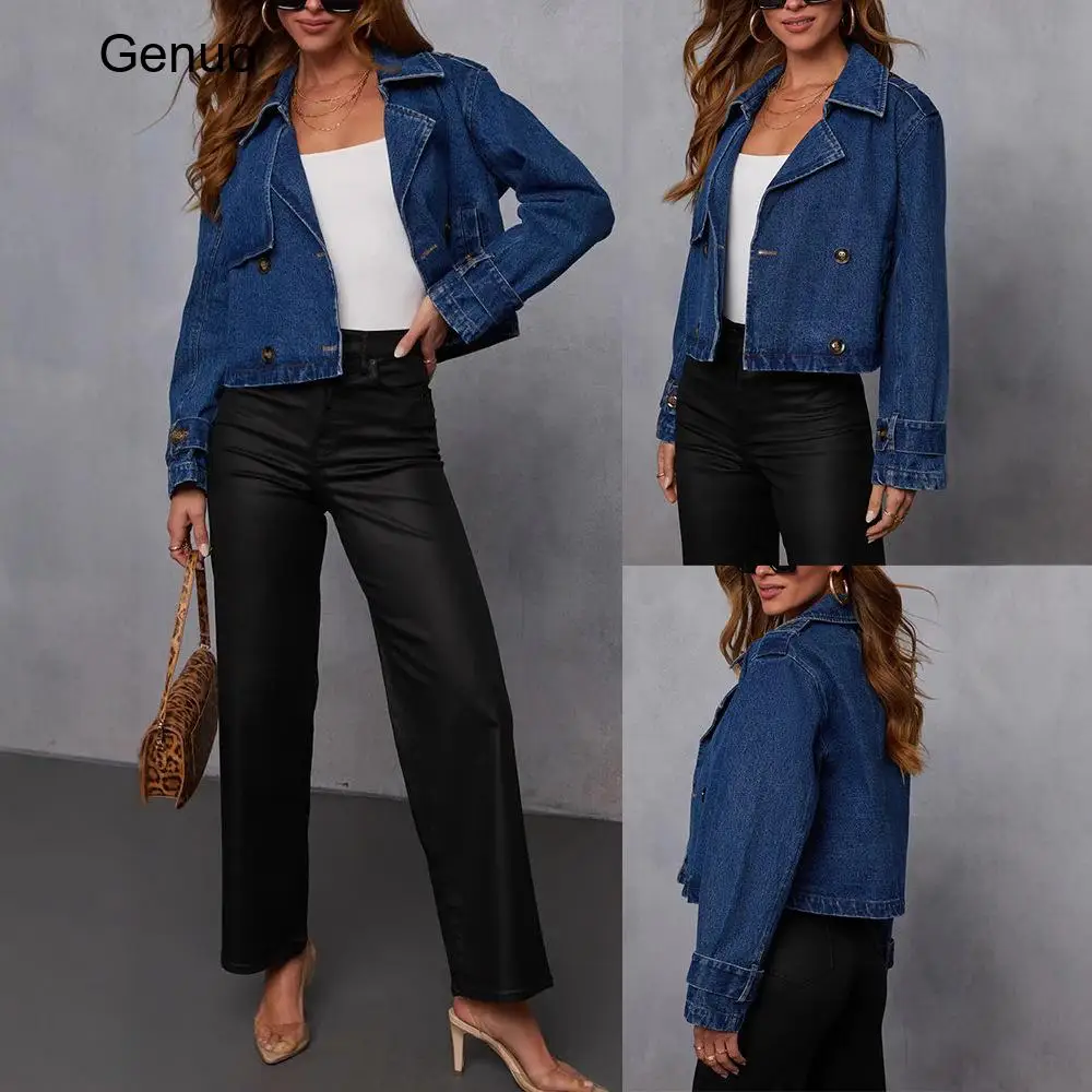 2026 Notched Lapel Double Breasted Cropped Denim Jacket Women Solid Color Short Jean Blazer Outerwear