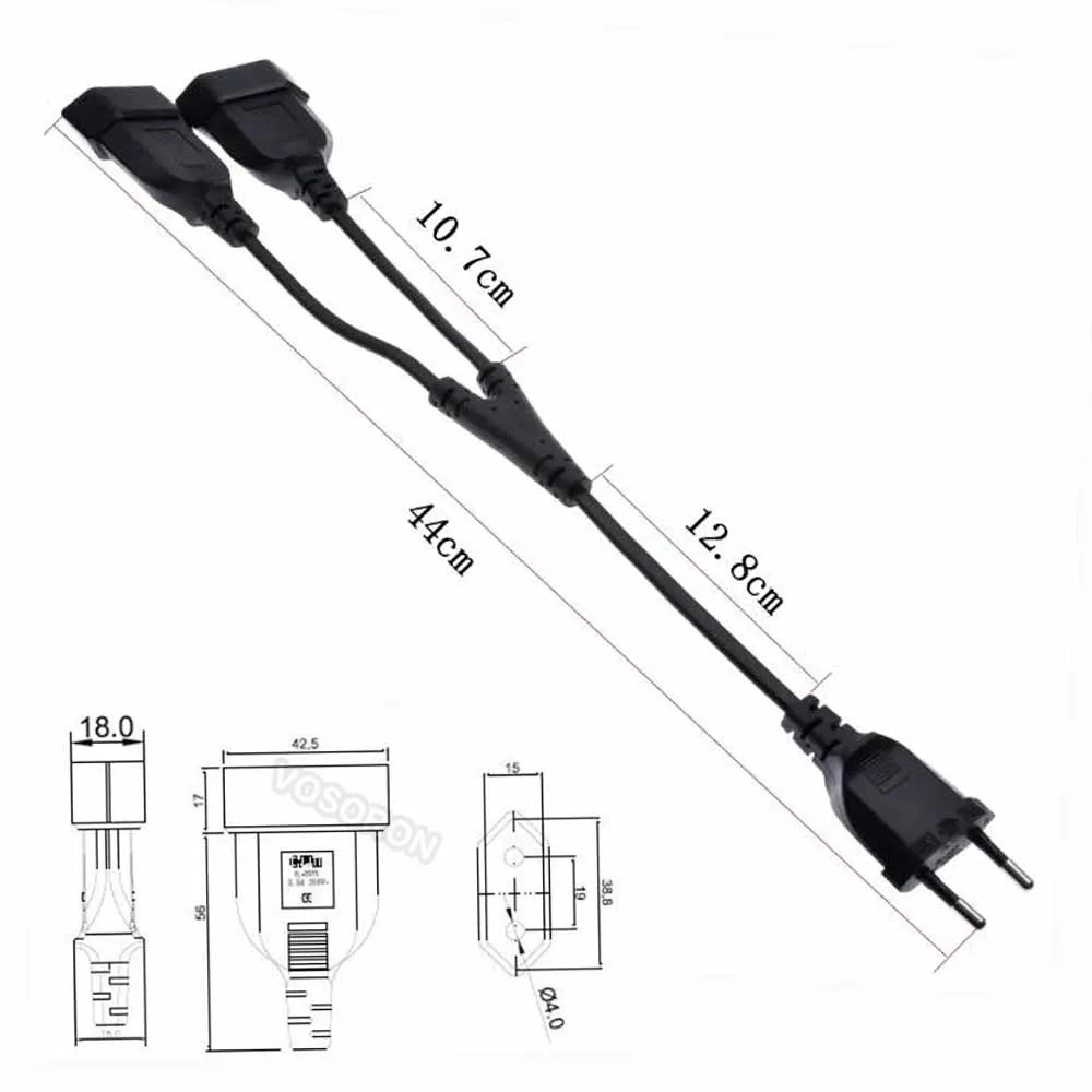 CEE7/16 EU 2 Prong Male to Female Dual Output,2 Ways Outlet Extension Cord European M/F Power Splitter Cable