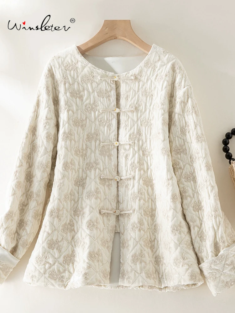 

Winsleter-Bottom 100%Real Silk Elegant Velvet Coat, Embroidery Sequin Patchwork, Women Retro Padded Jacket, 2025 Winter C5N009CC