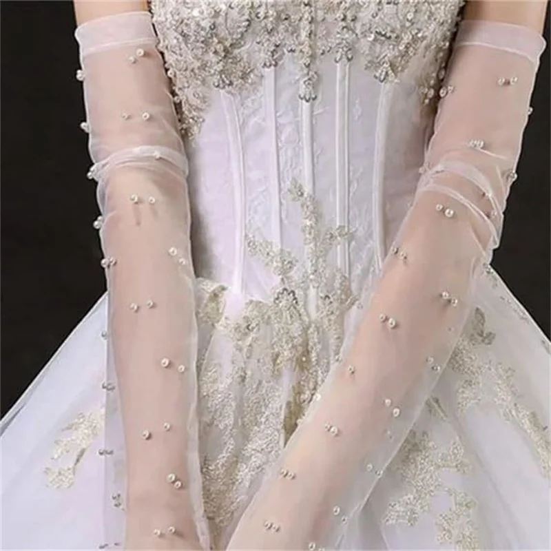 1Pair Long Wedding Tulle Gloves White Pearl Bridal Arm Sleeves Elbow Length Fingerless Birthday Gloves For Women And Girls