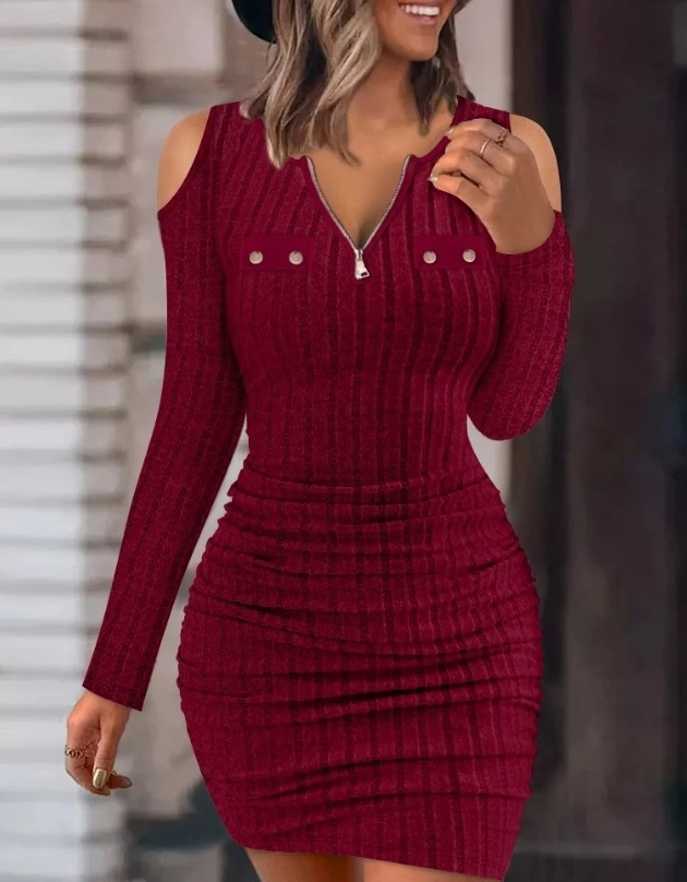 

Women's Versatile Ruched Ribbed Dress Cold Shoulder and Zipper Front Fashionable Dress