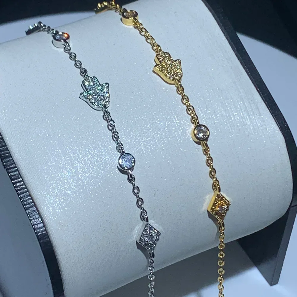 Sparking Micro Paved CZ Lukcy Evil Eye Hamsa Hand Charm Link Chain Fashion Bracelet For Women
