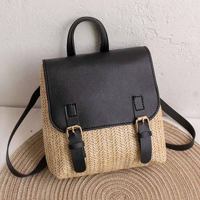 

Retro Straw Woven Backpack Women's Fashion All-match PU Elegant Trend Zero Wallet Satchel