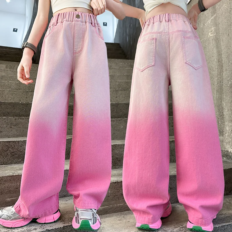 

New Kids Designer High Fashion Y2K Gradient Pink Jeans for Girls Trendy Hip Hop Trousers Children Straight Leg Stage Denim Pants