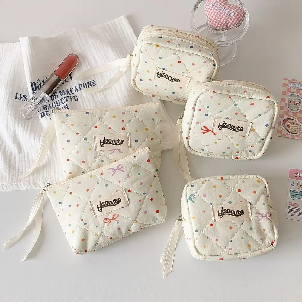 

Cute Bowknot Sanitary Napkins Storage Bag Colorful Dots Large Capacity Cosmetic Bag Coin Purse for Women Girls