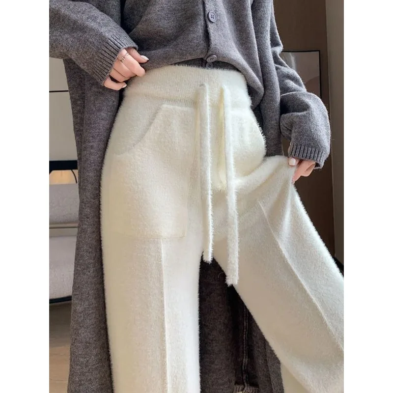 الموسم الجديد المرأة عالية الخصر واسعة الساق محبوك السراويل المستقيمة فو المنك المخملية الرباط لينة مريحة بنطلون TT802 #2