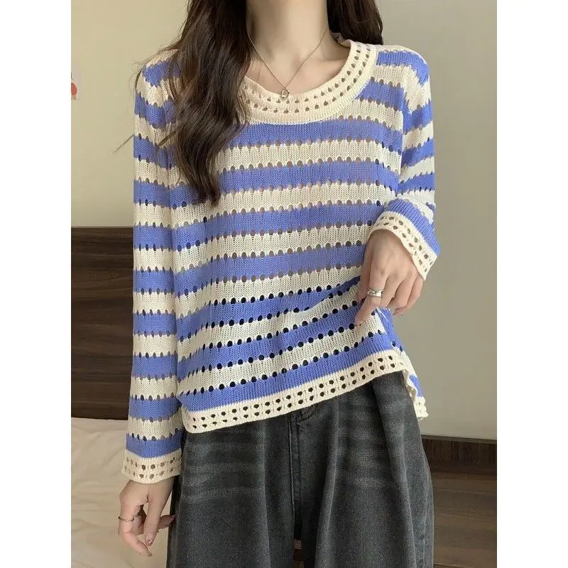 Spring and Autumn Style Shoulder Striped Ice Silk Long Sleeved Knitted T-shirt Loose and Thin Hollow Out and Unique Top