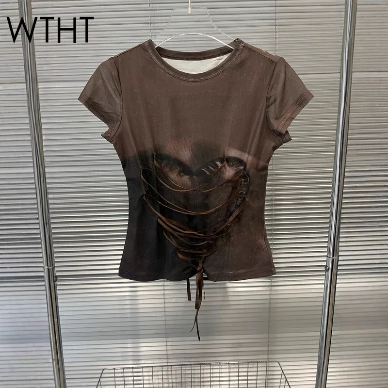 

WTHT Fashion Women's Bandage Gauze Print Design Casual T-shirts Trendy 2025 Summer Short Sleeves O-neck Tops Female 1LS1911