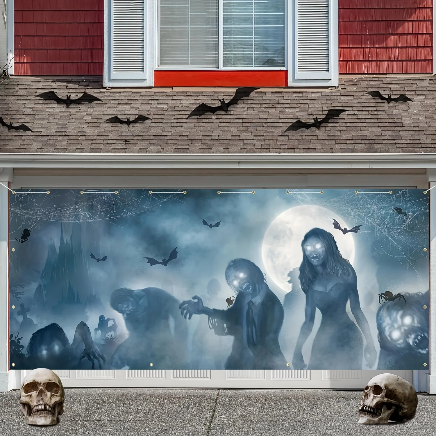 Happy Halloween Decoration, Halloween Garage Door Decoration, Large Halloween Horror Zombie Banner Background, Halloween Bats