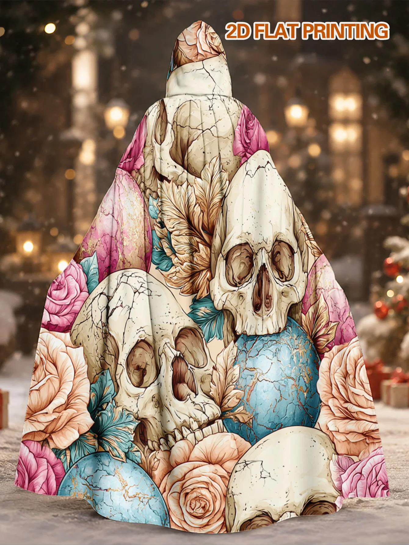 1pc Men' Gothic Witch Elf Roleplay Cape Hooded Robe with Skull & Print - Stretchable Polyester Costume Suitable for Halloween