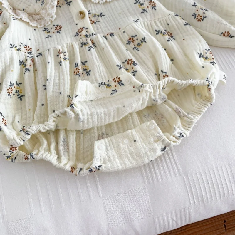 2025 신상 봄 유아 아기 바디슈트+모자 긴팔 면 꽃무늬 프린팅 신생아 여아 점프슈트 아기옷