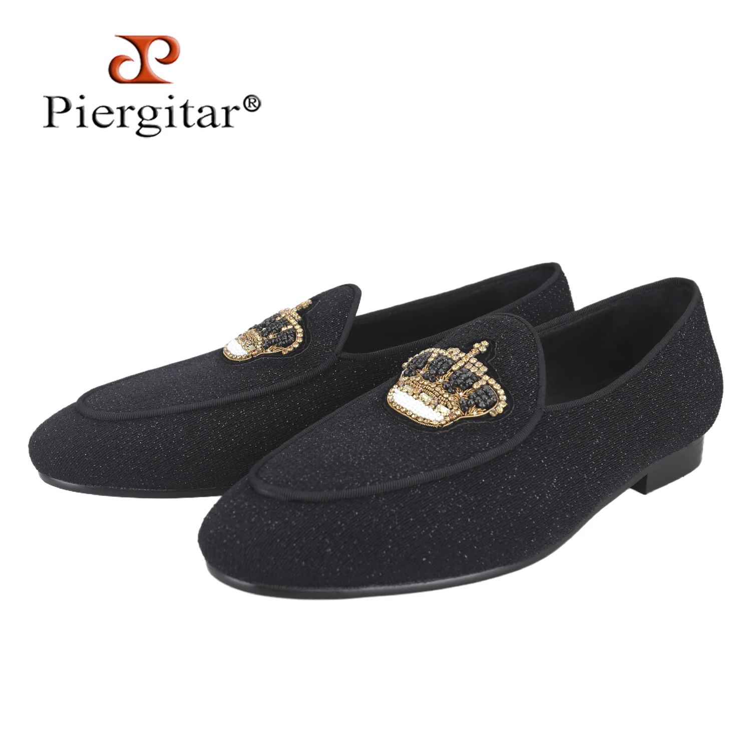 Piergitar British Style Luxury Crown Embroidered Badge Of Black Sequined Cloth Men Loafers For Gentlemen Evening Occasions Wear
