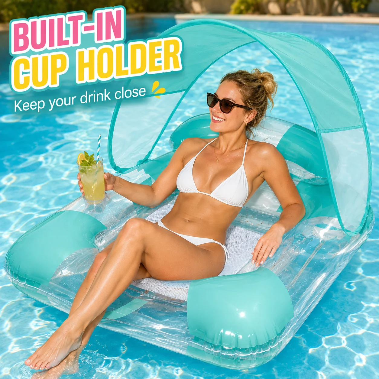 Flotador Inflable Cuadrado para Piscina con Toldo, Isla Flotante Transparente, Hamaca Acuática, Silla para Piscina