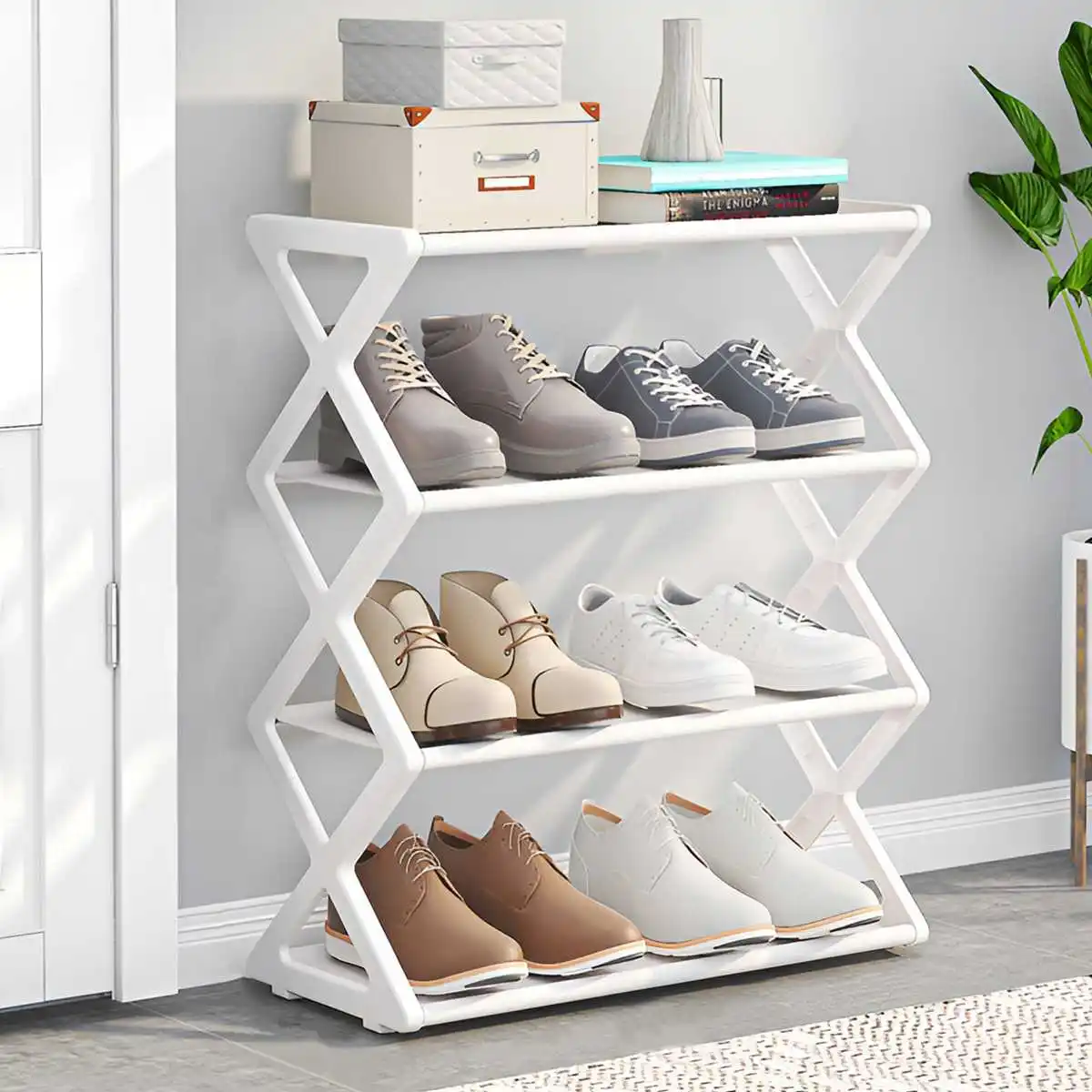 Beliebtes 4-stöckiges X-förmiges Schuhregal, Multifunktionales Staubgeschütztes Aufbewahrungsregal für Eingangsbereiche, Flure und Schlafzimmer – Detail 1