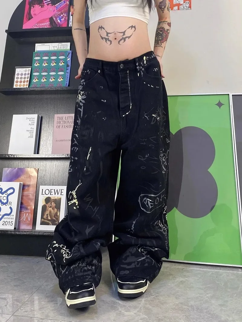 Black Womens Jeans High Waist Vintage Design Hip Hop Straight Baggy Denim Pants Street Y2K American Style Wide Leg Denim Trouser