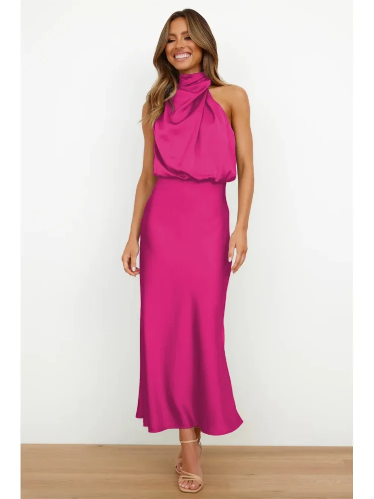 Sexy Off-the-shoulder Halter Sleeveless Satin Dress For Women's New Summer Elegant Cinched-waist Female Banquet Dresses 2025