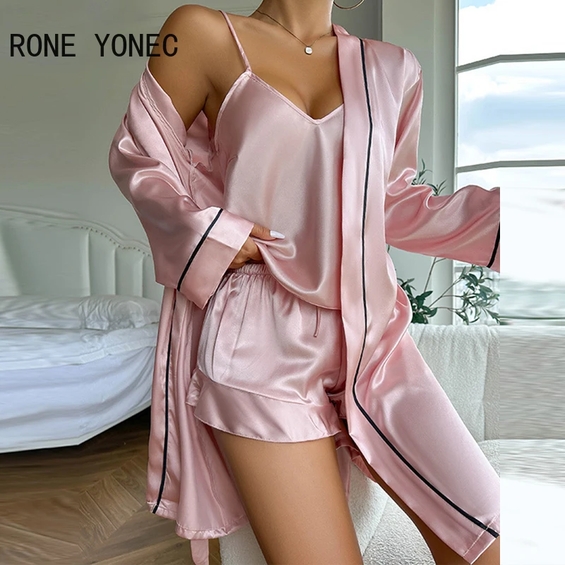 2024 Women Solid Long Jacket Top & Spaghetti Straps Crop Top Inside & Shorts Three Pieces Sleeping Short Set