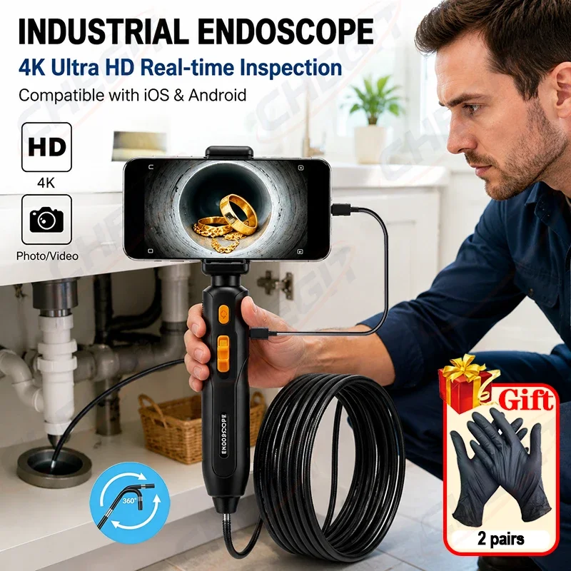 

360° Articulating Borescope Endoscope Camera 4K UHD Inspection Borescope Camera IP67 For Android/iOS Phone Commercial use