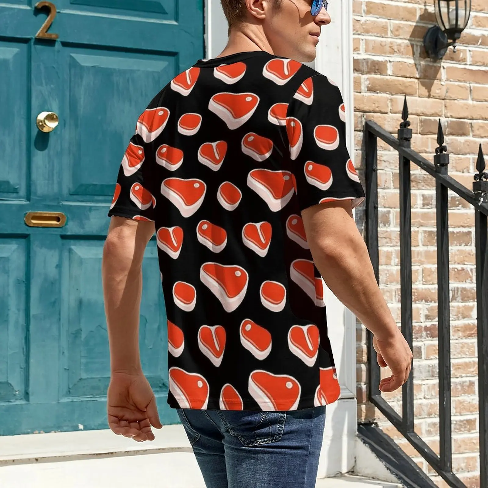 Big Size T-Shirt Beach Cartoon Steak Meat Print T Shirts  Street Style O Neck Tee Shirt Male Retro Custom Clothing