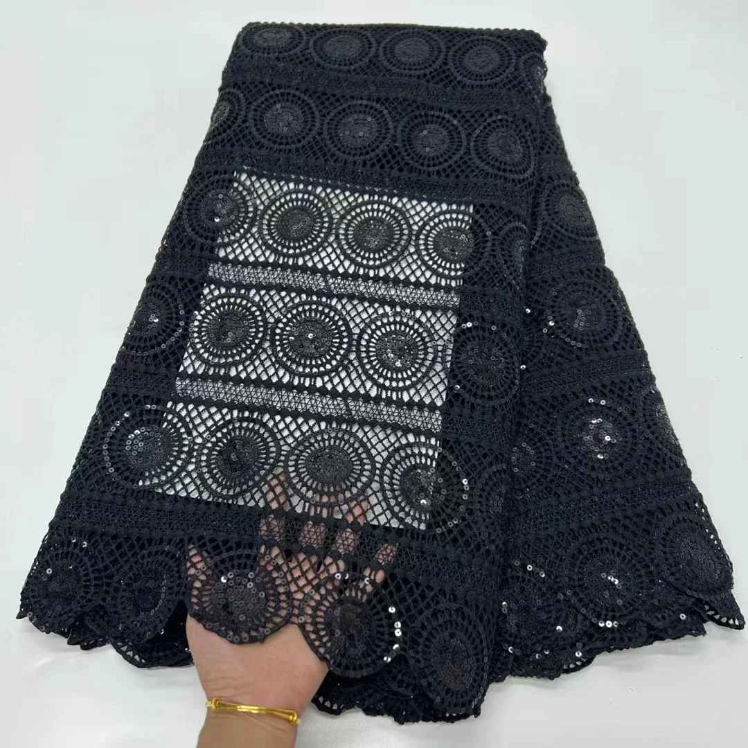 Latest Black African Guipure Cord Lace Fabric 2023 High Quality French Nigerian Water Soluble Lace Fabric For Party Dress KR2340