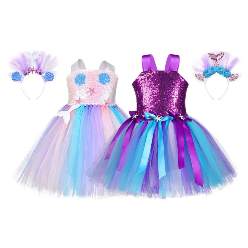 Vestito da principessa a sirena con paillettes per ragazze Costume per bambini compleanno Tutu di Halloween vestito per bambini vestiti per feste estive 2-10T Cosplay