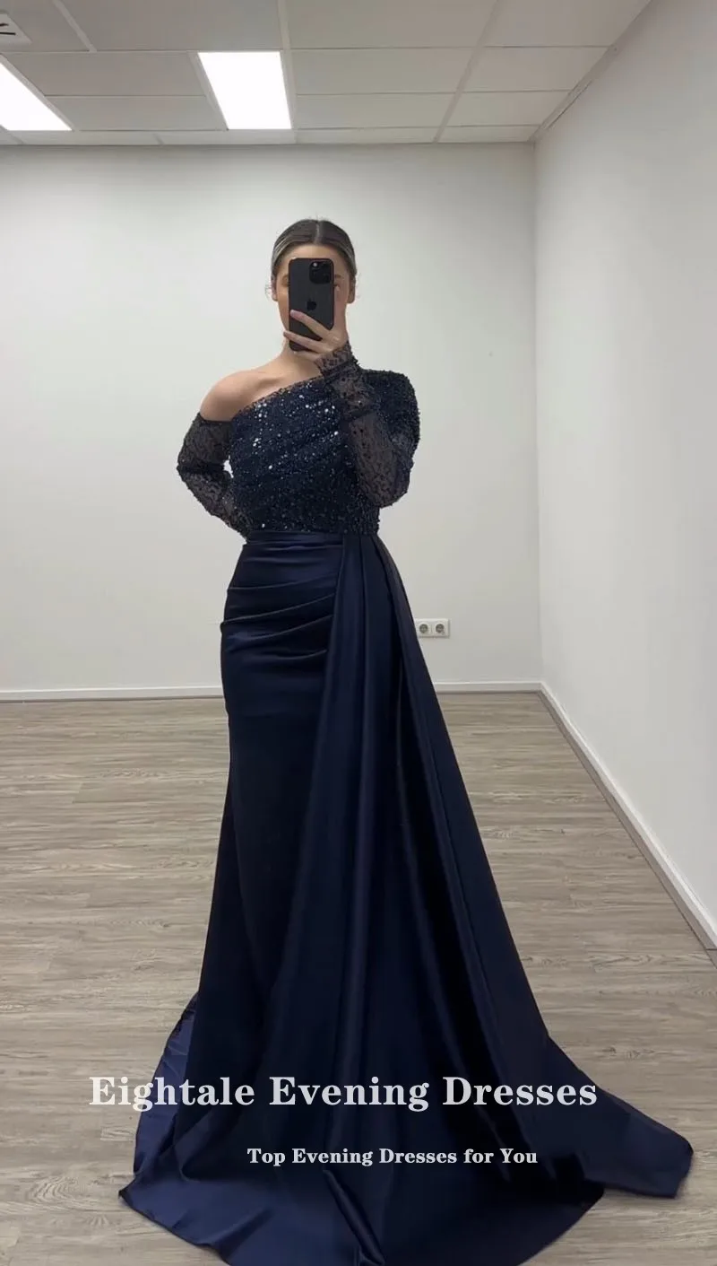 Eightale Navy Blue Evening Dress Mermaid Prom Gown Satin One Shoulder Sequined Long Sleeves Customized Wedding Party Dress