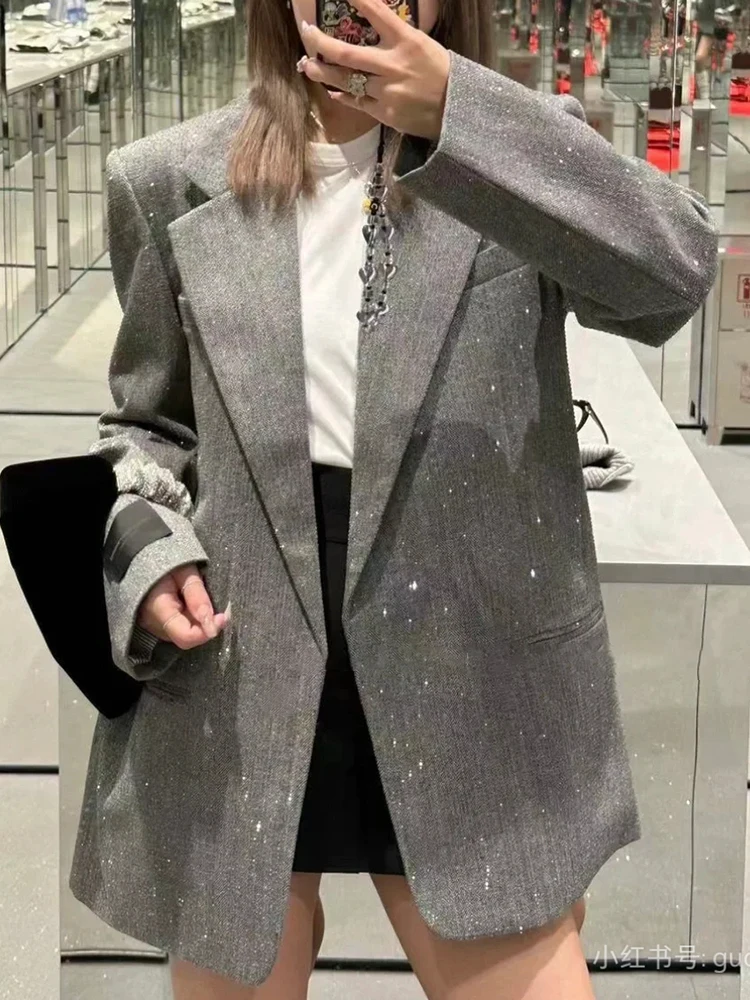 TWOTWINSTYLE Solid Casual Minimalist Blazers For Women Notched Collar Long Sleeve Loose Temperament Coat Female Fashion Style