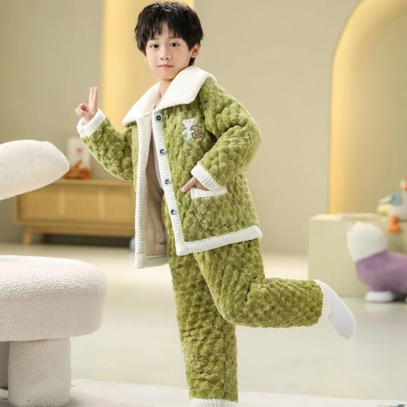 Kids Flannel Pajamas Winter Thermal Fleece Lined Coral Fleece Homewear Set for Boys Girls Baby Plus Size Cozy Sleepwear