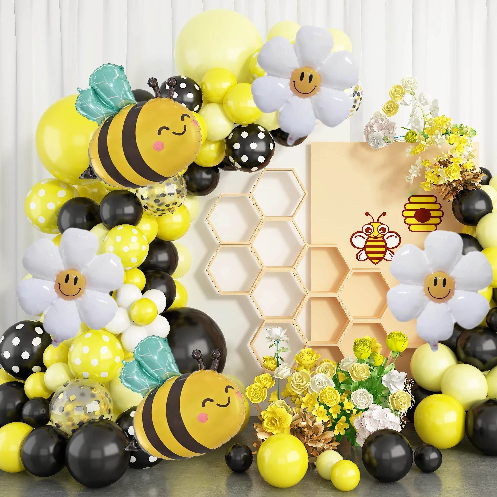 6 Pcs Bee Daisy 32 Inch Number Foil Balloon Set Kids 0-9 Years Old Birthday Anniversary Graduation Mother's Day Party Decoration