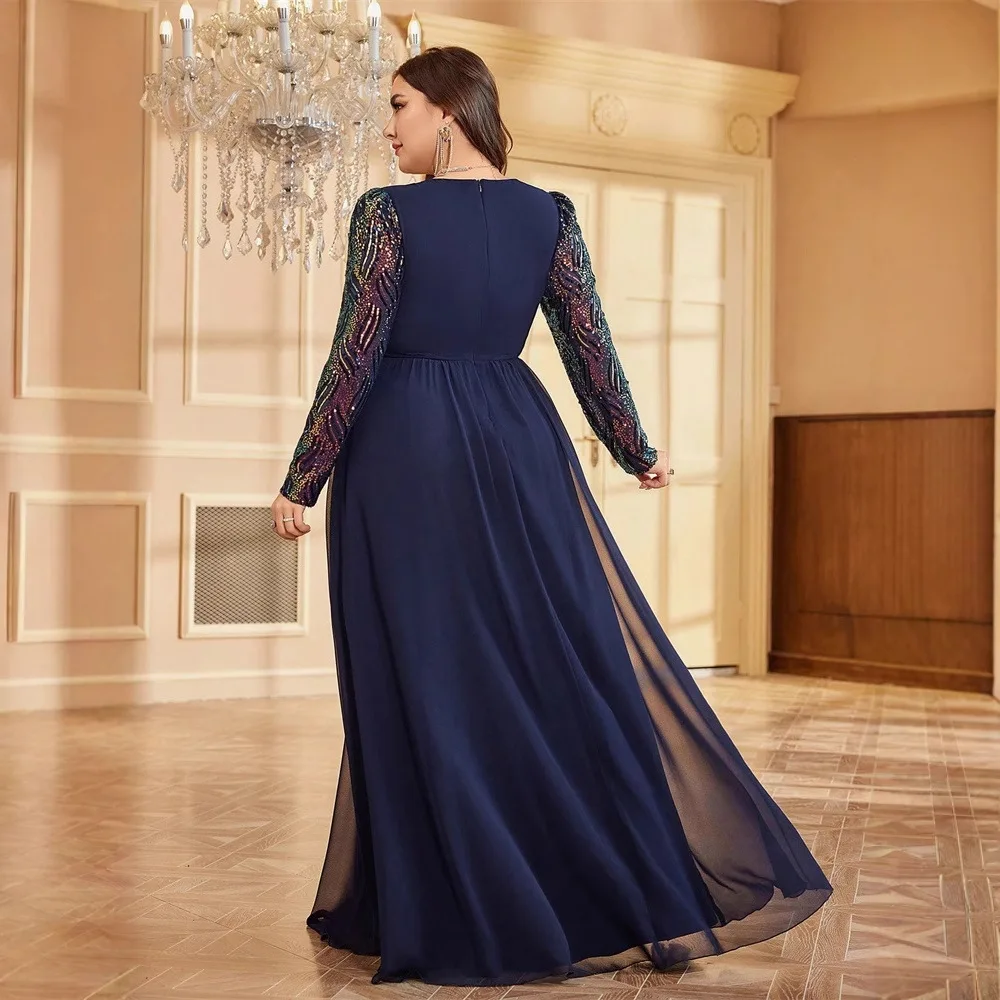 Abito da sera formale lungo in chiffon con scollo a V, paillettes colorate, maniche lunghe, vita arricciata e spacco, taglie forti, blu navy, per la madre della sposa