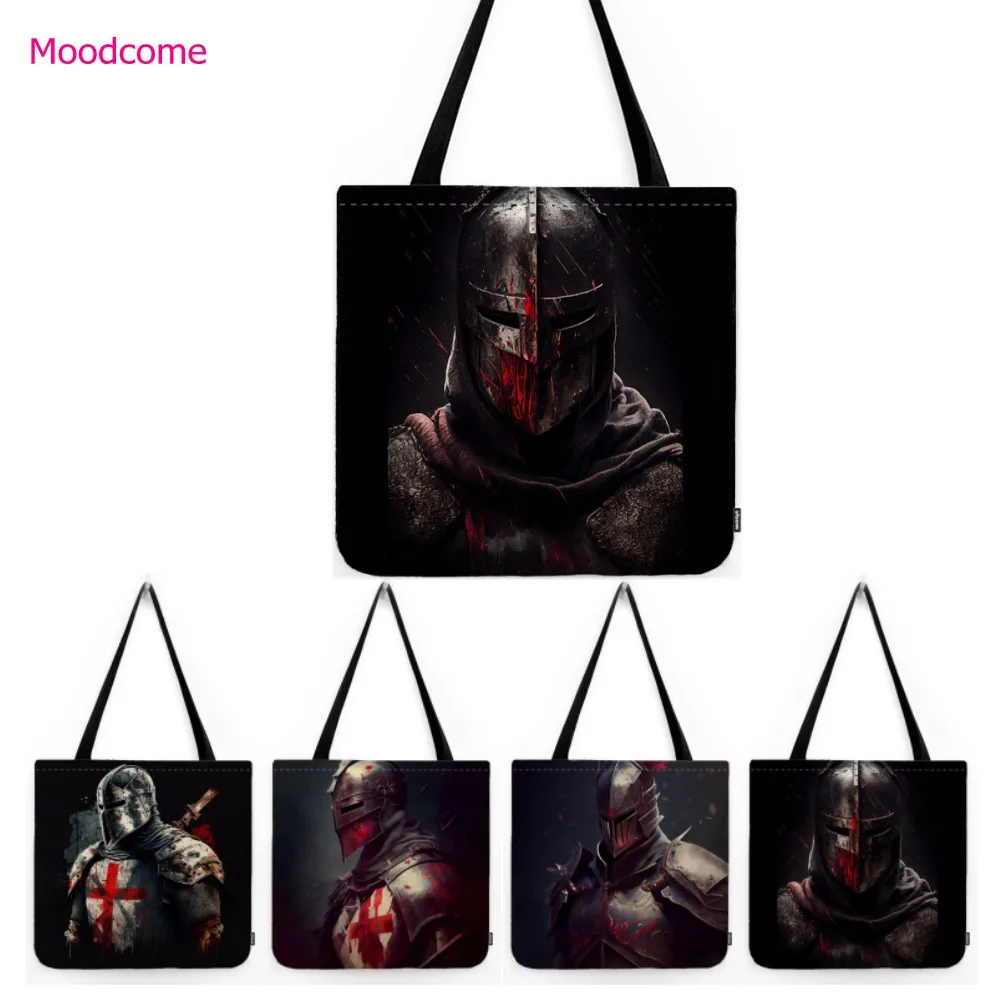 Chivalry Knighthood Knight Templar Blood Helmet Print Water Resistant Cotton Linen Shopper Bag Shoulder Tote Bag