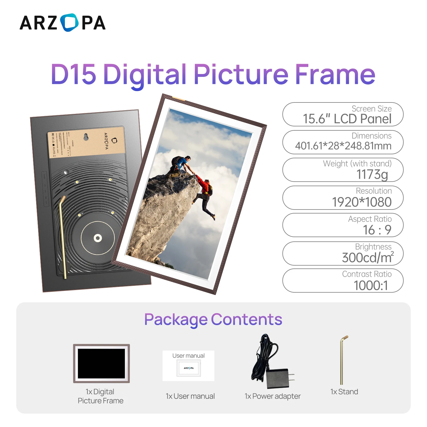 ARZOPA 15,6 inch 1920x1080 FHD IPS elektronische digitale fotolijst touchscreen instant overdracht foto's video's voor cadeau D15