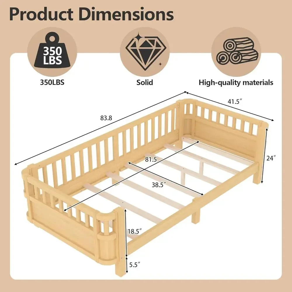 Twin XL Platform Bed with Detachable Footboard, Solid Wood Daybed, Safety Guardrails, Suitable for Kids and Teens, Natural Finis view 2