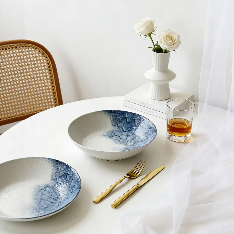 8 Inch Ins Style Ceramic Dinner Plate Nordic Light‑Luxury Splashed Blue Iridescent Dish 4‑6Pcs Household Wedding Birthday Gift