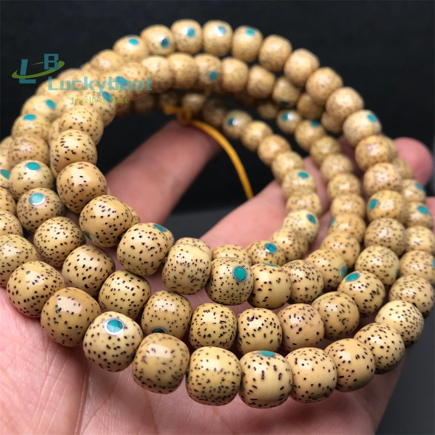 Natural Golden Seed Chicken Oil Yellow Star Moon Bodhisattva Grape 108 Buddha Bead Bracelet with Silver Tube Multi Treasure Turq