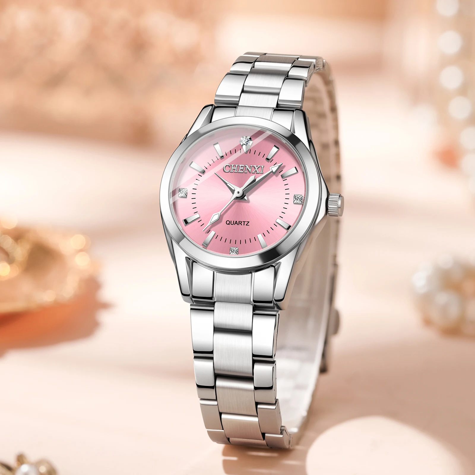 CHENXI 021B ساعة كوارتز أنيقة للسيدات مضيئة بسيطة فضية حزام من الفولاذ المقاوم للصدأ ساعات نسائية للأعمال غير رسمية reloj mujer