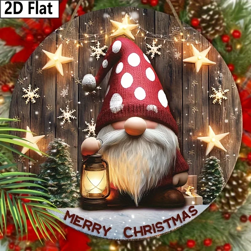 2D Flat Christmas Gnome Wooden Sign - Festive Round Door Hanger with Merry Christmas Dwarf Design, Red & White Checkered Hat, an