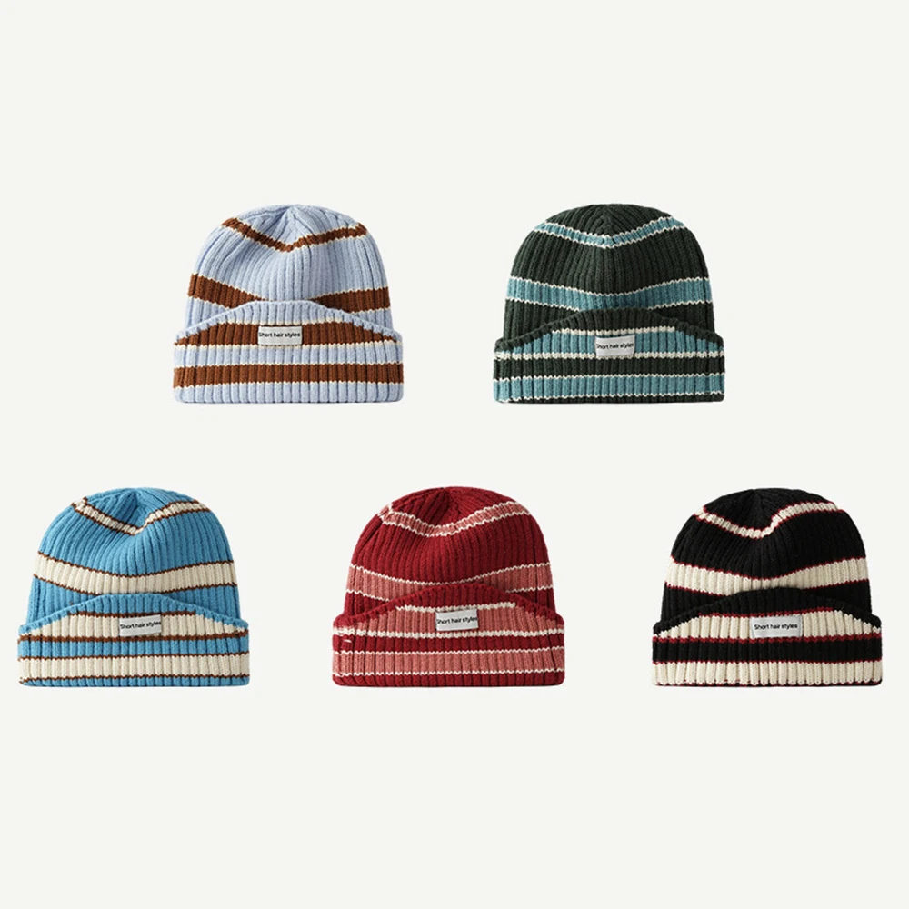 FS Fashion Warm Winter Beanie Cap Thicken Knitted Hat For Women Men Blue Stripe Wool Pullover Caps Outdoor Skiing Hats Balaclava