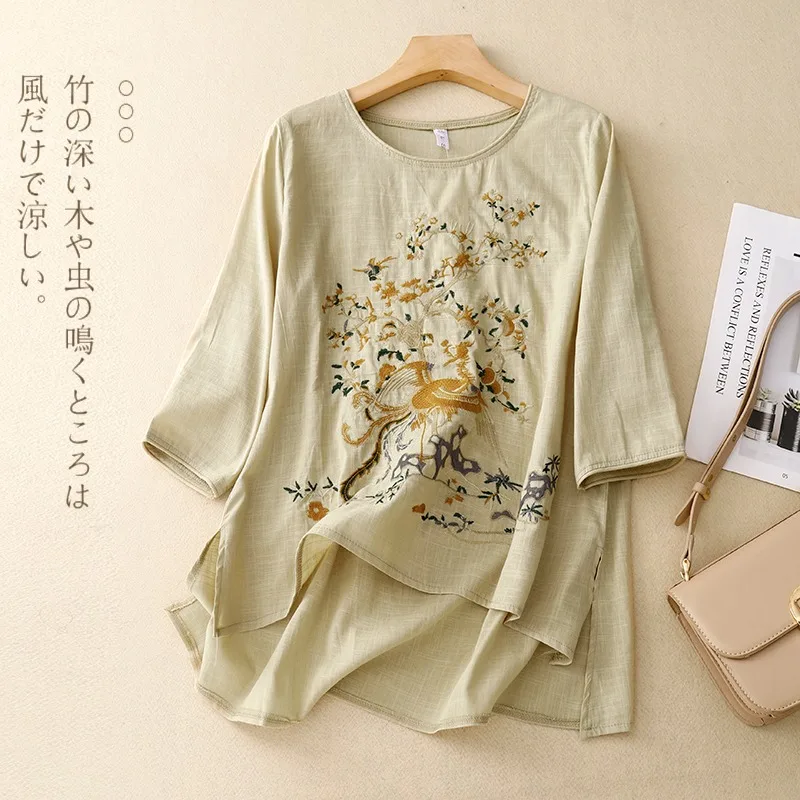 Chinese Style Embroidery Women\'s T-shirts Summer Cotton Linen Tees Loose Vintage Women Tops O-neck Clothing 2024 Korean