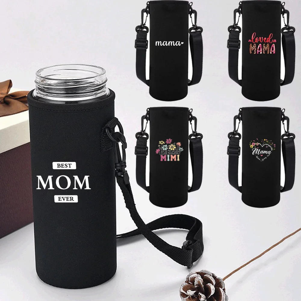 Water Bottle Sleeve Adjustable Strap, Portable Insulated Water Cup Sleeve Mom Print for 550-1500ML Sports Bottles Case