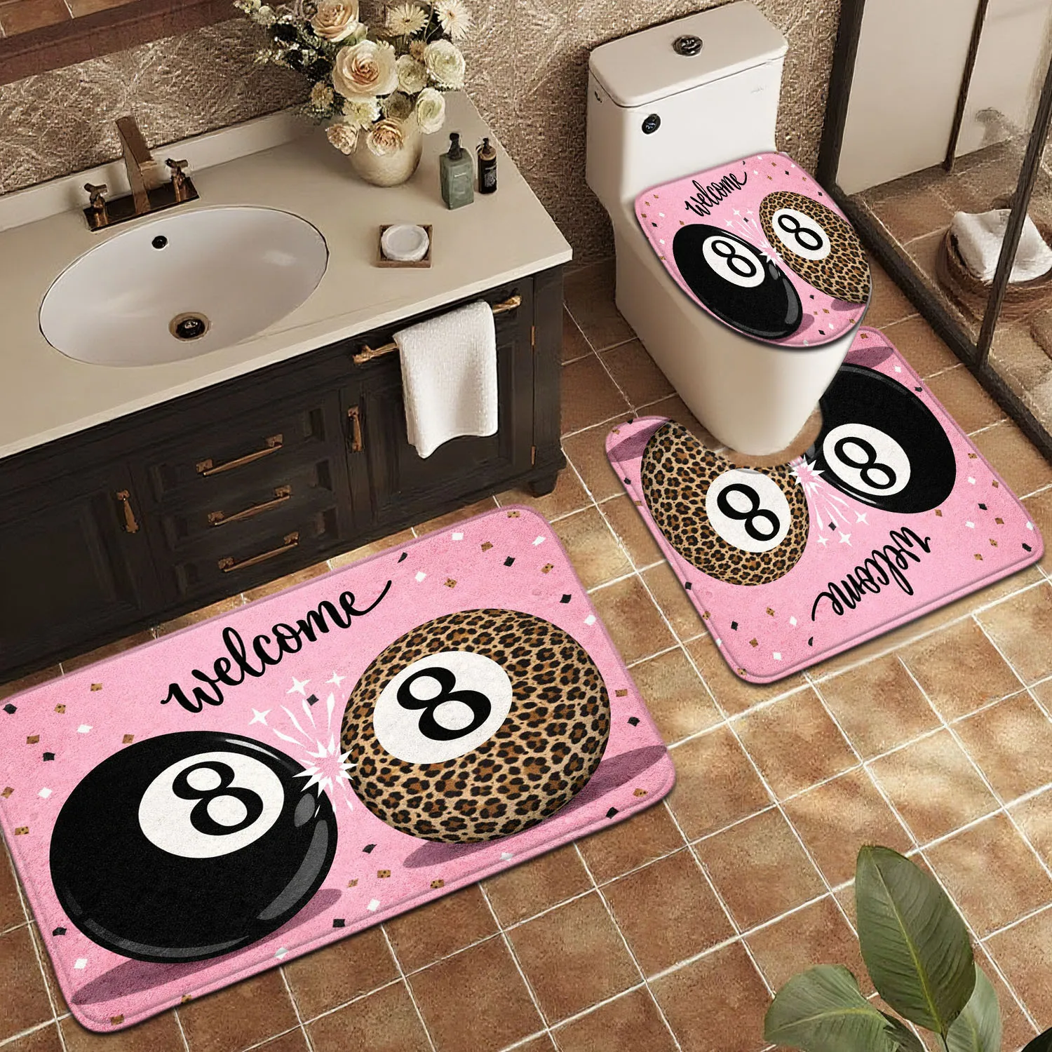 

3pcs Bathroom Set: Non-Slip Absorbent Mat, Powder Base Billiard Rug, Home Decor Entryway Doormat, Toilet Lid Cover Bathroom